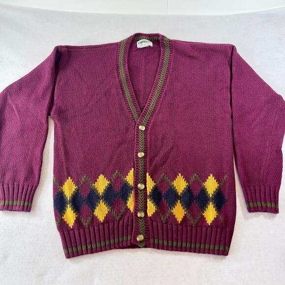 Empress Sportswear LTD. Cardigan Sweater Woman's L 5- Button Up Purple Argyle - Picture 1 of 9